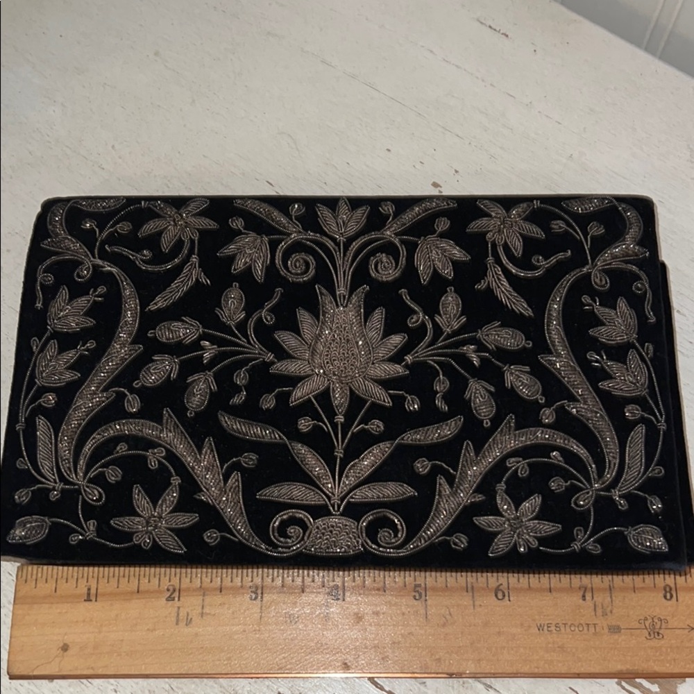 Ganeshi Lall & Son Black Velvet w/ Silver Bullion Embroidery Clutch Handbag 50s